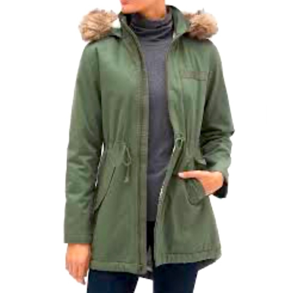 GAP Olive Utility Jacket with Faux Fur Hood, size M